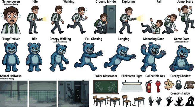 Horror game asset sprite sheet vector with schoolboy character movement blue monster villain and spooky school hallway backgrounds
