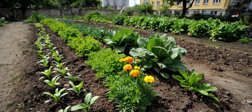 Vegetable garden with staggered planting of seedlings, herbs, and mature greens