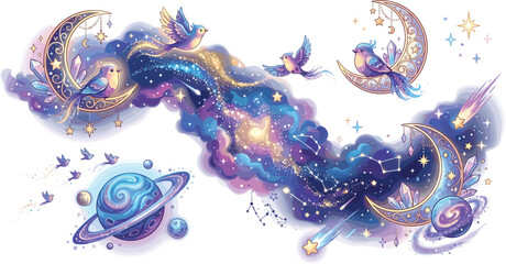 Magical celestial galaxy vector elements with crescent moons crystals dream birds planets stars and glowing cosmic nebula pathway © Kulsum