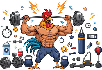 Muscular rooster bodybuilder lifting barbell vector element set with gym fitness equipment dumbbells punching bag and protein shaker © Kulsum