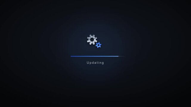 Digital system update progress bar with rotating gears animation on dark background