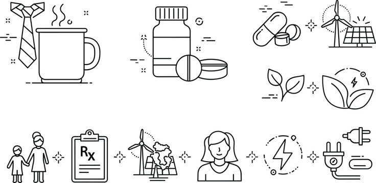 Medical pharmacy green energy solar panel wind turbine coffee mug prescription pill bottle outline vector icon set bundle