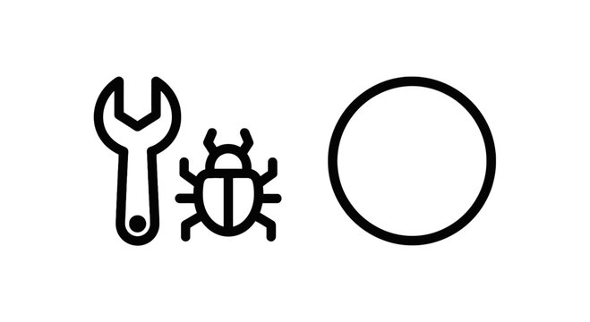 Software maintenance and debugging icon set with wrench and beetle symbols software maintenance debugging development technology computer technical