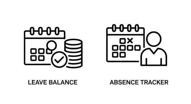 Employee human resources management icons showing leave balance calendar and absence tracker for time off monitoring in corporate workspace with resources