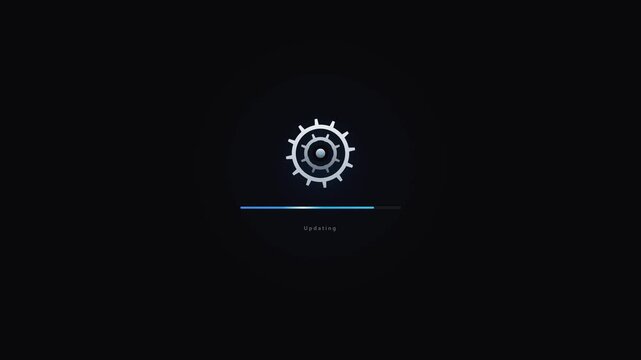 Digital system update progress bar with rotating gear on dark background loading