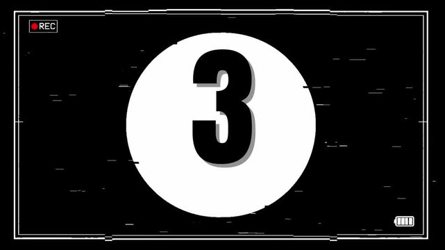 Retro 5 Second Camera Viewfinder Countdown Timer Animation with Digital Glitch Effect, Recording Overlay, and Play Button on Monochrome Background