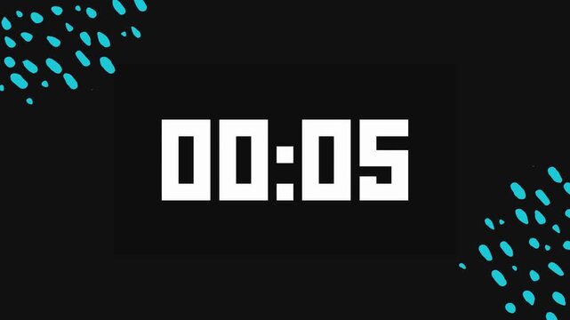 Retro 10 Second Digital Countdown Timer Animation with White Block Typography and Cyan Abstract Liquid Dots on Solid Black Background for Video Openers