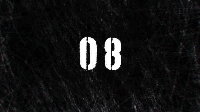 Vintage 10 Second Grunge Countdown Timer Animation with Old Film Scratches, Dust, Static Noise, and White Stencil Numbers on Black Background