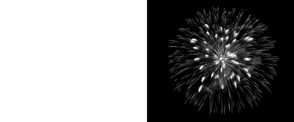 Monochrome firework explosion on black background, dramatic white pyrotechnic burst, isolated festive firework display for celebration overlays © Transparent Studio