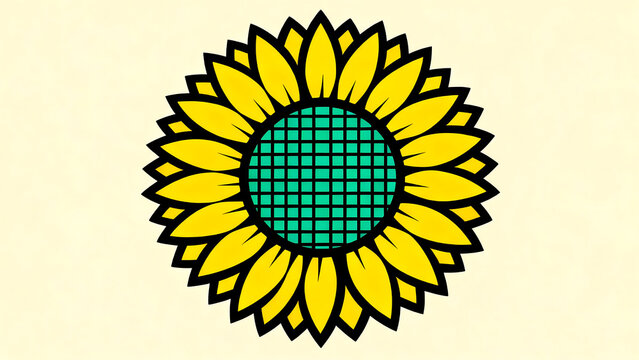 Vibrant yellow sunflower illustration with green center and black outline on cream background with grid pattern