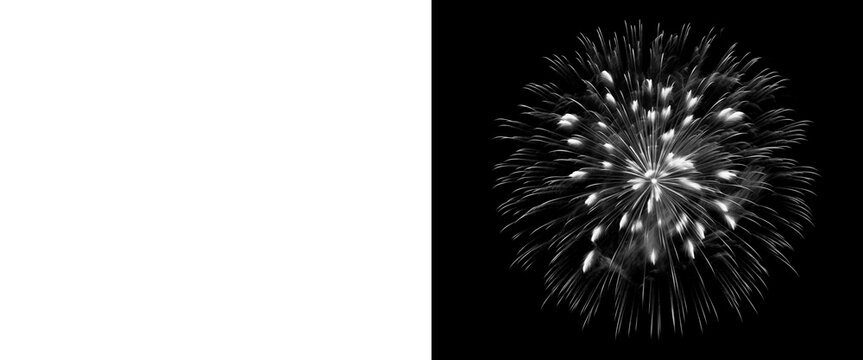 Monochrome firework explosion on black background, dramatic white pyrotechnic burst, isolated festive firework display for celebration overlays