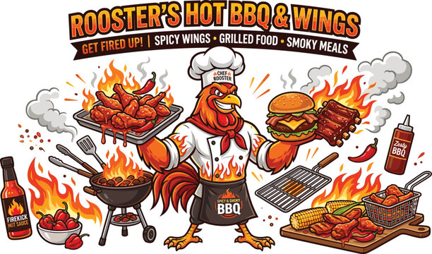 Rooster chef cartoon character mascot serving hot spicy barbecue wings grilled burger and smoked ribs vector illustration generative AI