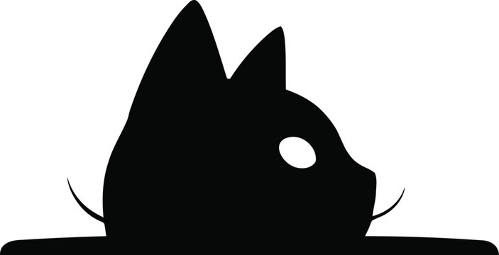 Simple silhouette illustration of a cat head peeking from behind a ledge with silhouette, watching