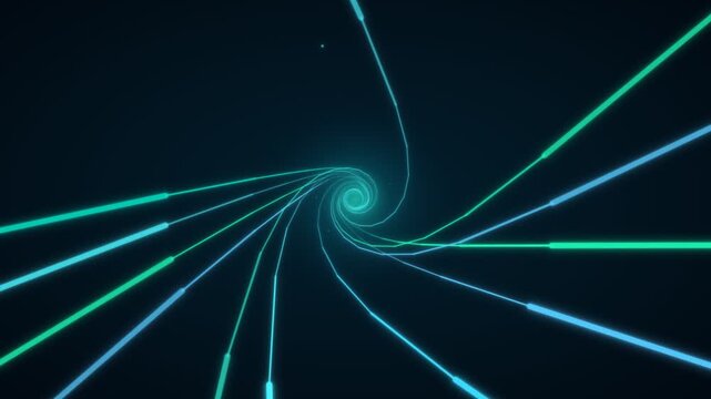 Swirling lines create a tunnel effect with blue and green colors