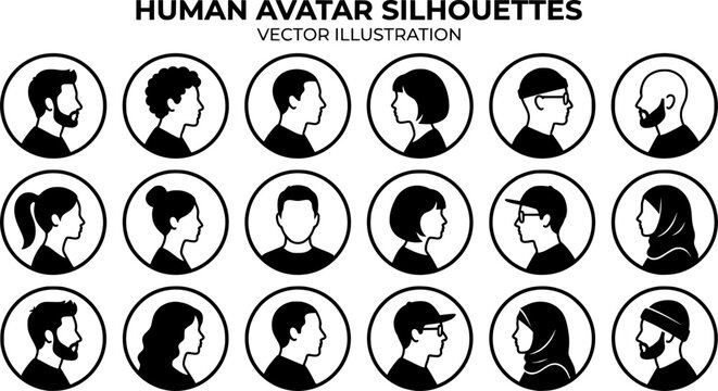 Human avatar silhouettes set black profile icons vector illustration isolated collection design elements for social media accounts
