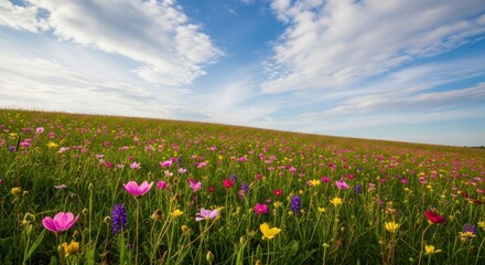 Fototapeta premium Vibrant Wildflower Meadow Sloping Towards a Vast, Cloud-Streaked Sky