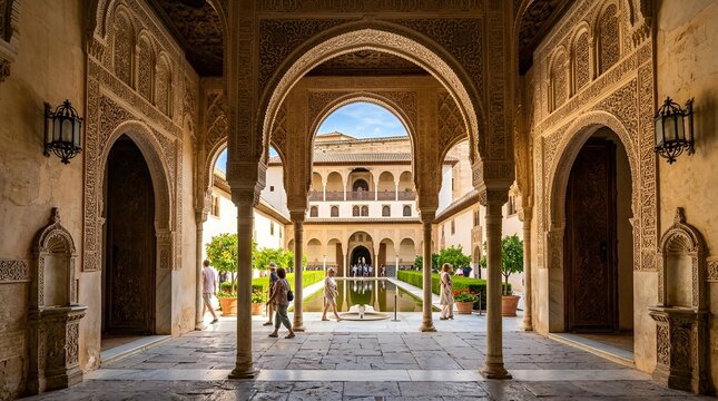 Alhambra palace courtyard with arches, fountain, and people exploring