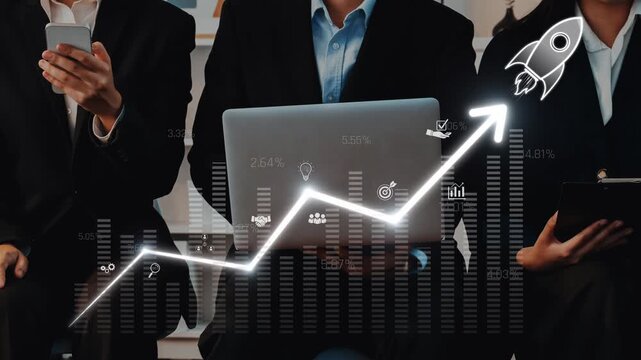 Business professionals collaborate with a laptop displaying data analysis and graphs, highlighting growth and innovation to drive financial success and strategy. Raster
