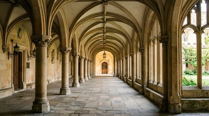 Obraz premium Grand Gothic Arched Cloister Walkway with Stone Pillars and Sunlight