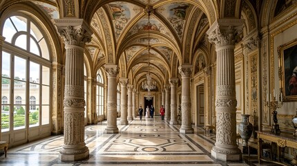 Obraz premium Grand historic palace hallway, opulent ornate ceiling, tall columns, natural light