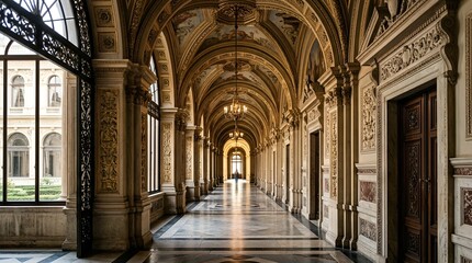 Fototapeta premium Grand ornate hallway interior, opulent architecture, luxury passage perspective