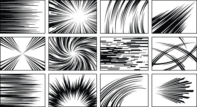 Manga Speed Lines and Comic Zoom Effects Vector Set Featuring Dynamic Motion Radial Stripes Explosion Rays and Horizontal Velocity Patterns for Graphic Panels
