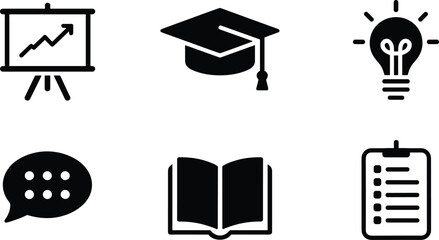 Fototapeta premium Teaching resources icons pack with whiteboard mortarboard thinking bulb speech bubble open book and task list.
