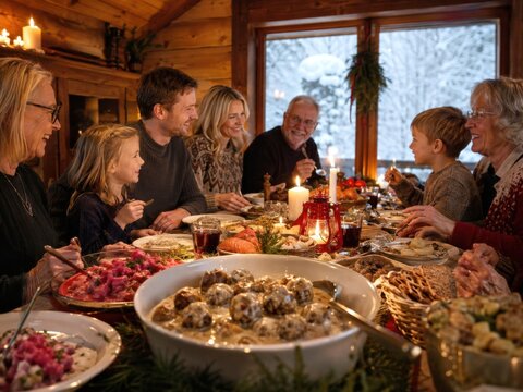 Schwedische Familie beim Weihnachtsessen in gem&uuml;tlicher Holzh&uuml;tte, festliche Julbord-Tafel mit Kerzenlicht und verschneiter Winterkulisse.