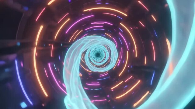 Entering frame cyan ribbon spiraling toward central vortex through neon tunnel, rings pulsing