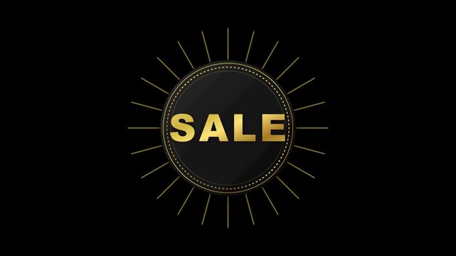 Gold sale badge animation on black background, for retail marketing, luxury promotion