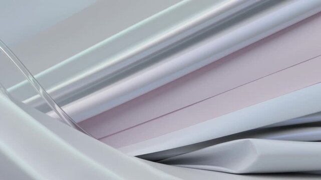 Sequence starting metallic drape sliding right revealing pleated panels in studio set, curved tube