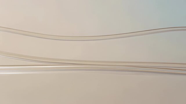 Shifting three translucent ribbons right across beige gradient on playback, forming glossy waves
