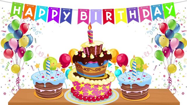 Happy Birthday Motion Background with Cake, Candles, Balloons and Confetti Rain animation 60fps