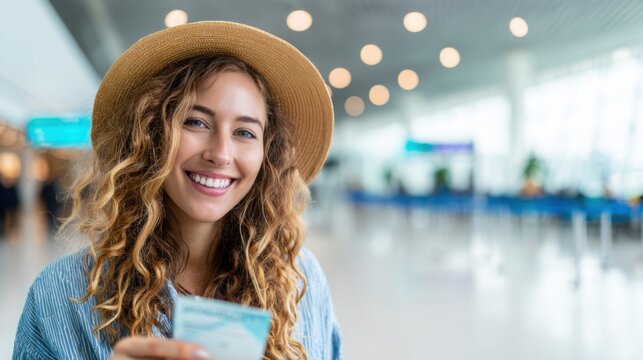 Close up portrait of smiling traveler holding passport and boarding pass, airport runway softly blurred behind, anticipation and excitement concept