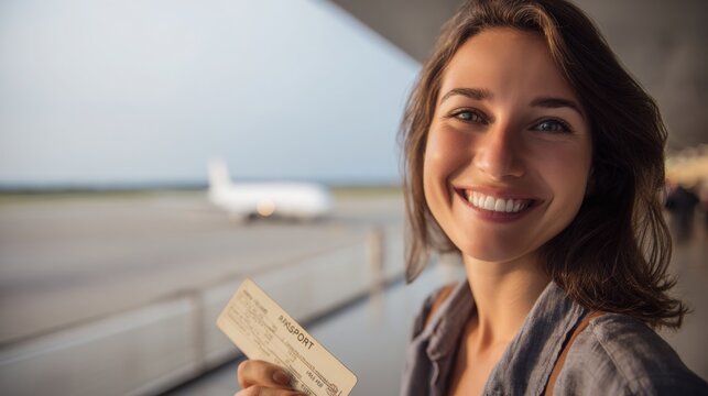 Close up portrait of smiling traveler holding passport and boarding pass, airport runway softly blurred behind, anticipation and excitement concept