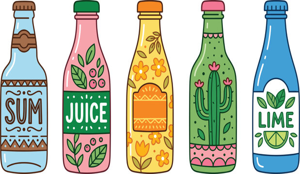 Decorative juice bottle vector collection featuring colorful beverage packaging floral labels and refreshing drink designs