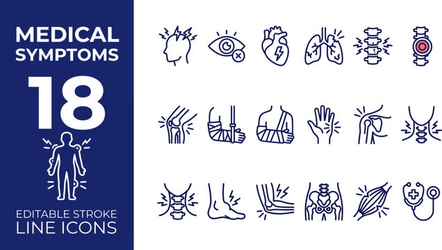 Medical pain and injury line icon set with headache heart issue lung problem back pain broken bones muscle strain and body joint ache vector graphics
