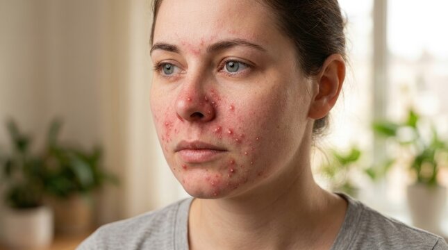 Bacterial skin problem: inflamed dermis, pustule breakout, facial redness, epidermal irritation, microbe infection, young woman, visible blemish, medical concern.