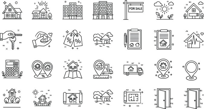 Real estate property mortgage house outline vector icon set for house hunting building search key agency relocation sale