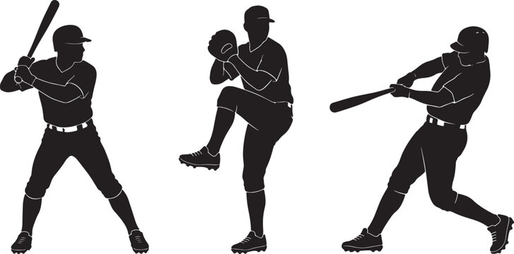 Silhouette sequence of baseball player batting, pitching, and swinging in also transparent background, black and white