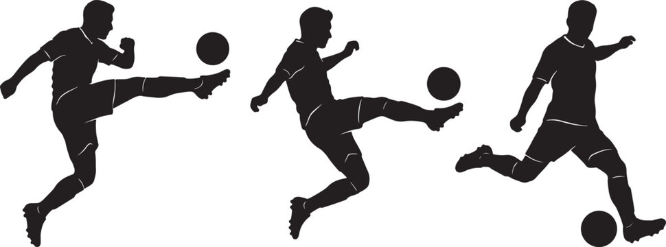 Silhouette sequence of soccer player kicking ball, also transparent background, black and white motion
