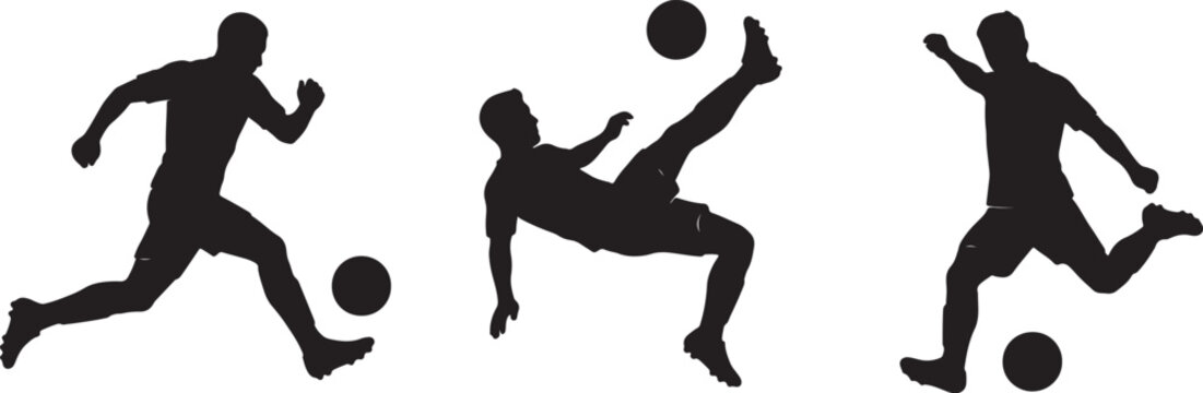 Silhouette sequence of soccer player kicking, diving, and running with ball, also transparent background, black and white