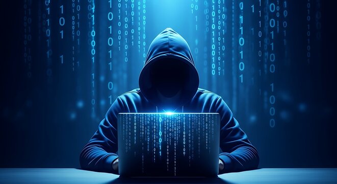 A hooded figure in a dark room using a laptop with binary code streaming down the screen and background