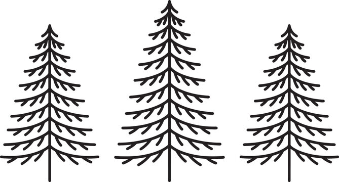 Three also transparent background, black and white, line-art evergreen trees, minimalist silhouette
