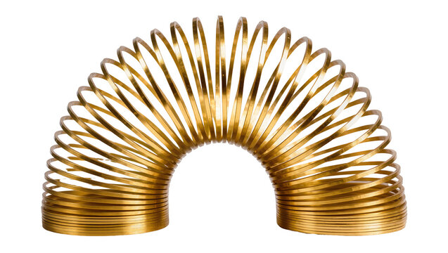 Shiny golden slinky toy forming a perfect arc, isolated on transparent background