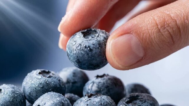 Close-up of a Hand Selecting a Fresh, Dew-Kissed Blueberry from a Pile