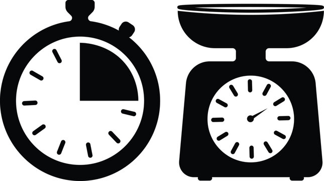 Black and white clock icons showing different times on kitchen scale