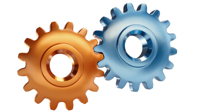 Interlocking bronze and blue metal gears meshing together, isolated on transparent background