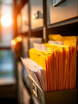 Organized yellow file folders neatly stored in a metal filing cabinet drawer illuminated by warm natural light from a window at sunset in an office setting