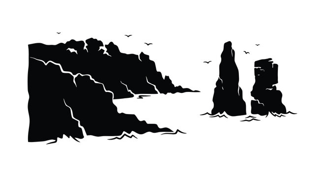 Coastal cliffs and rock formations with birds black and white silhouette coastline cliff rocks formation